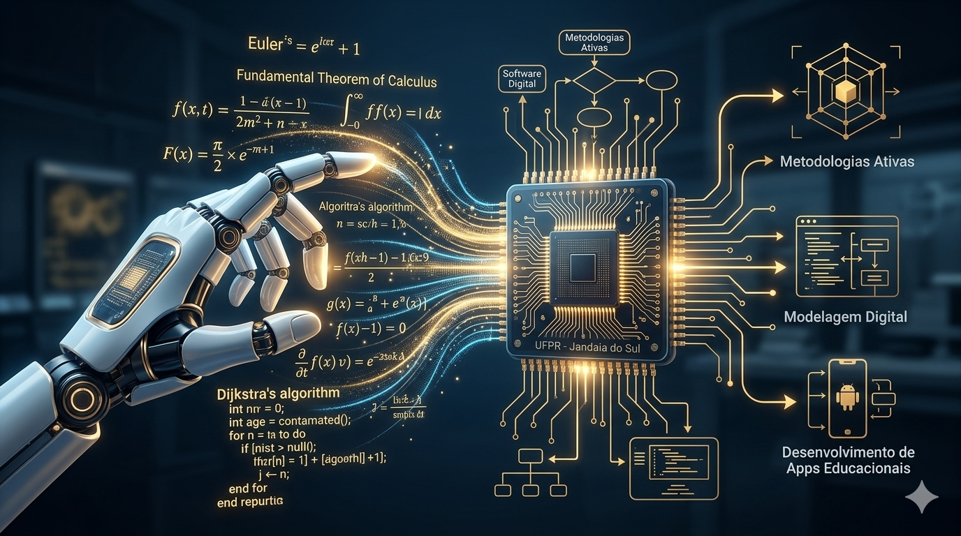 A fusão de Matemática e Tecnologia: Uma mão robótica interagindo com algoritmos e equações matemáticas puras.